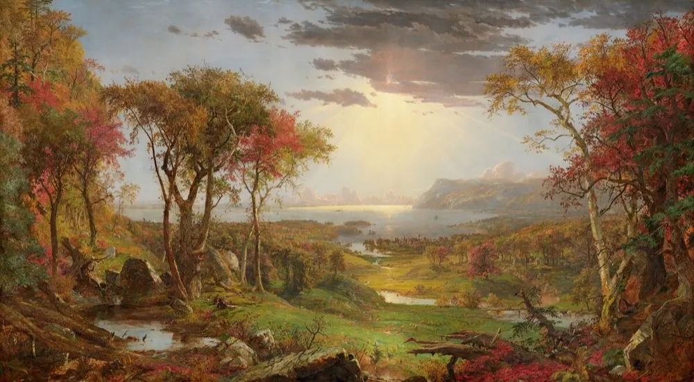 Painting of a bright autumn valley along the Hudson River