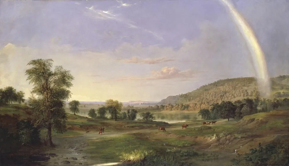Painting of a sunny valley with a rainbow over a house and fields