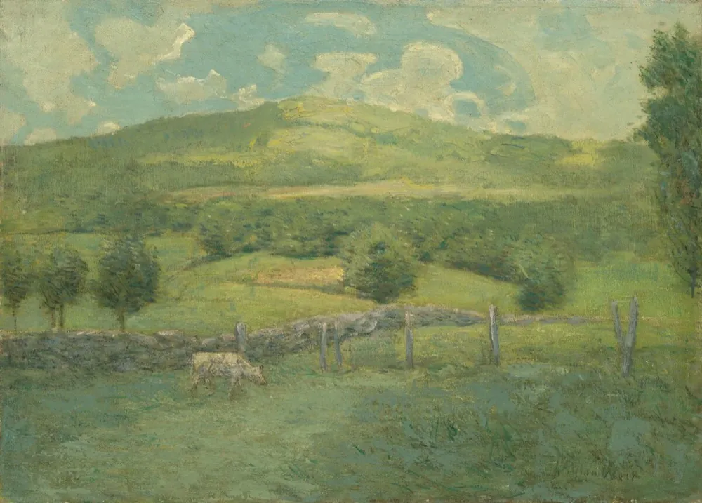 Painting of green hills with a stone wall and a grazing cow