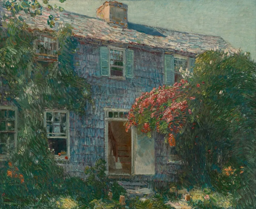 Painting of a gray shingled house covered in red flowers