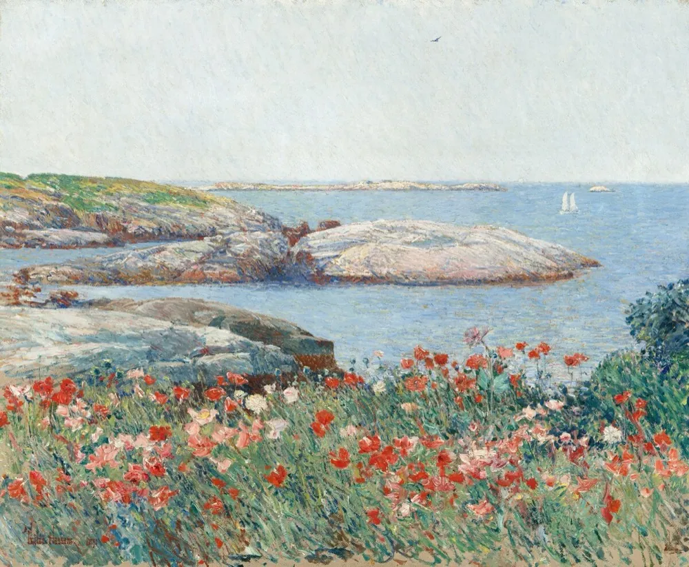 Painting of red poppies above a blue sea