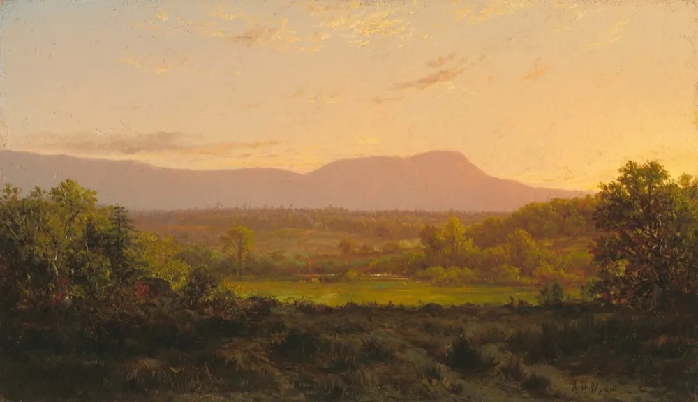 Painting of a valley at sunset with mountains behind