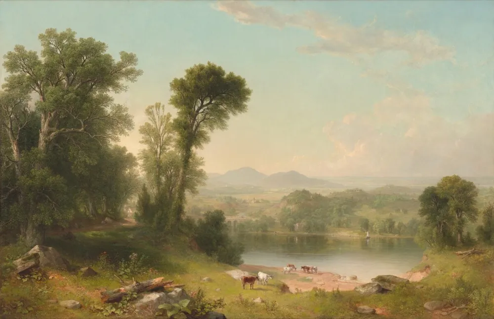 Painting of trees and a pond in a sunny valley