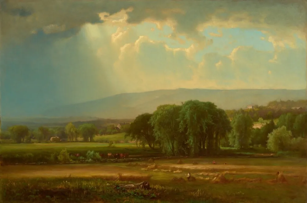 Painting of sunlight breaking over a farm valley at harvest