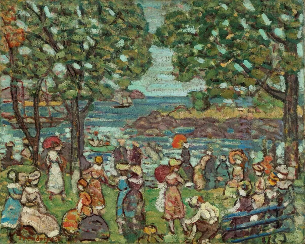 Colorful painting of people gathered under trees by a cove