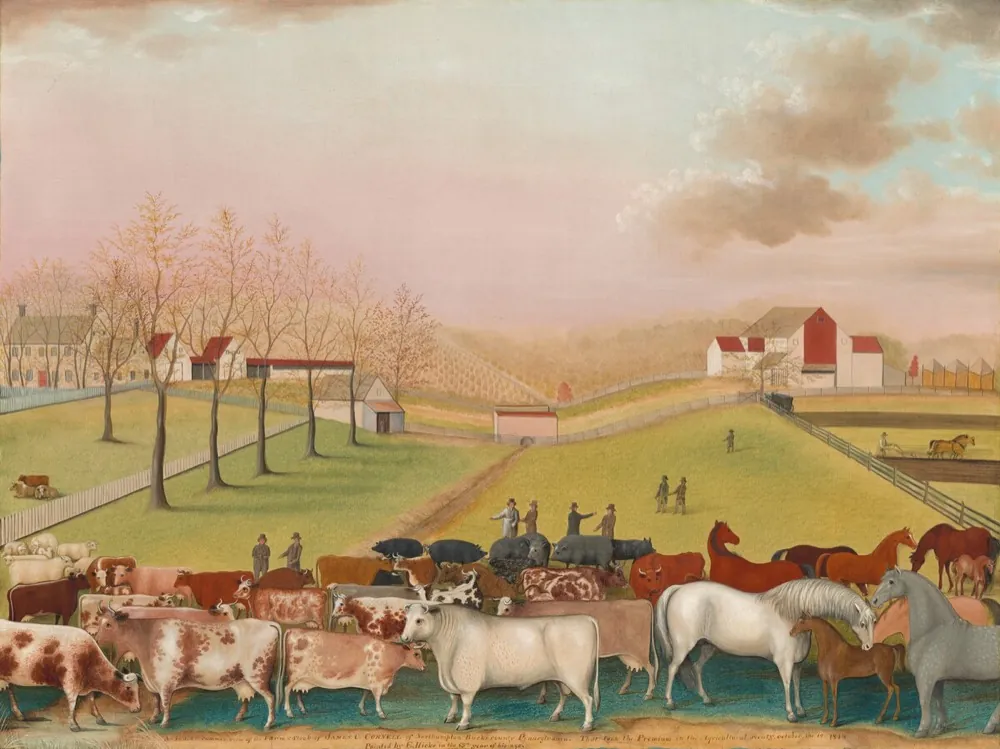 Folk painting of a Pennsylvania farm with barns, fields and livestock