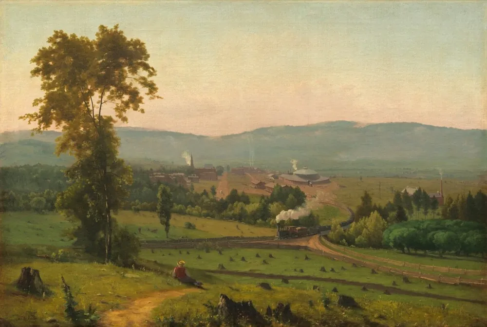 Painting of a green valley with a small town and a train